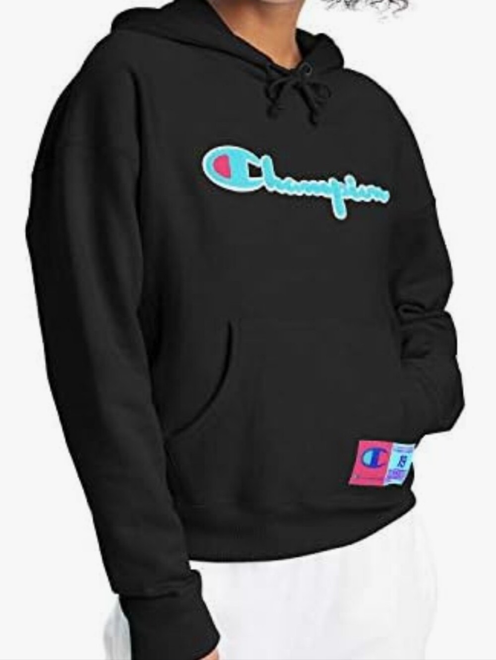 Champion Women’s Black Pullover Hoodie with Blue Script Logo- L